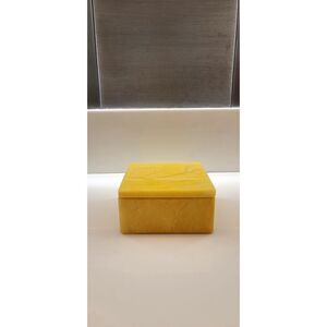 Volterra Alabaster Yellow Mustard Stone Trivet Dish Box Italian Made Trinket VTG